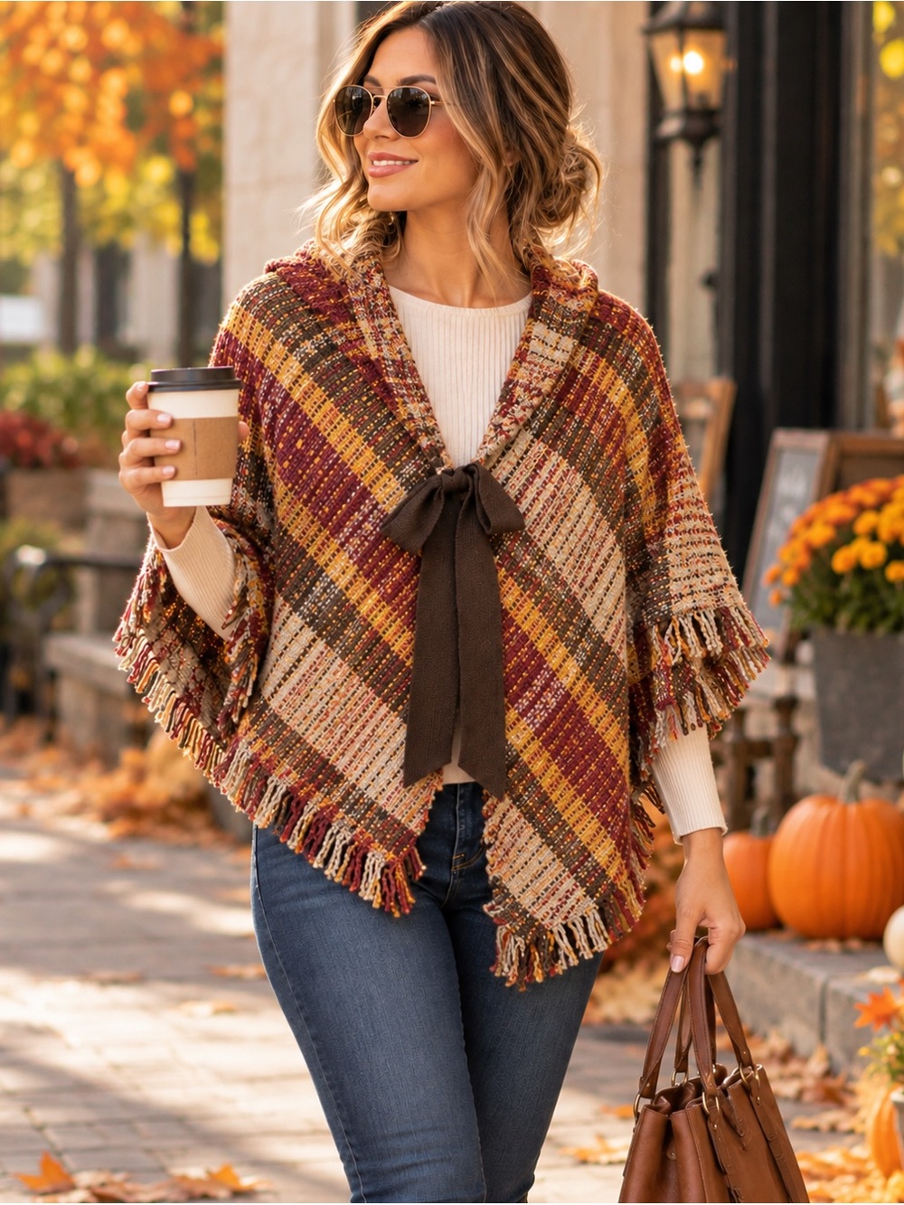 Plaid Poncho Cape Fringe Bow Tie Burgundy Mustard Boho Fall One Size